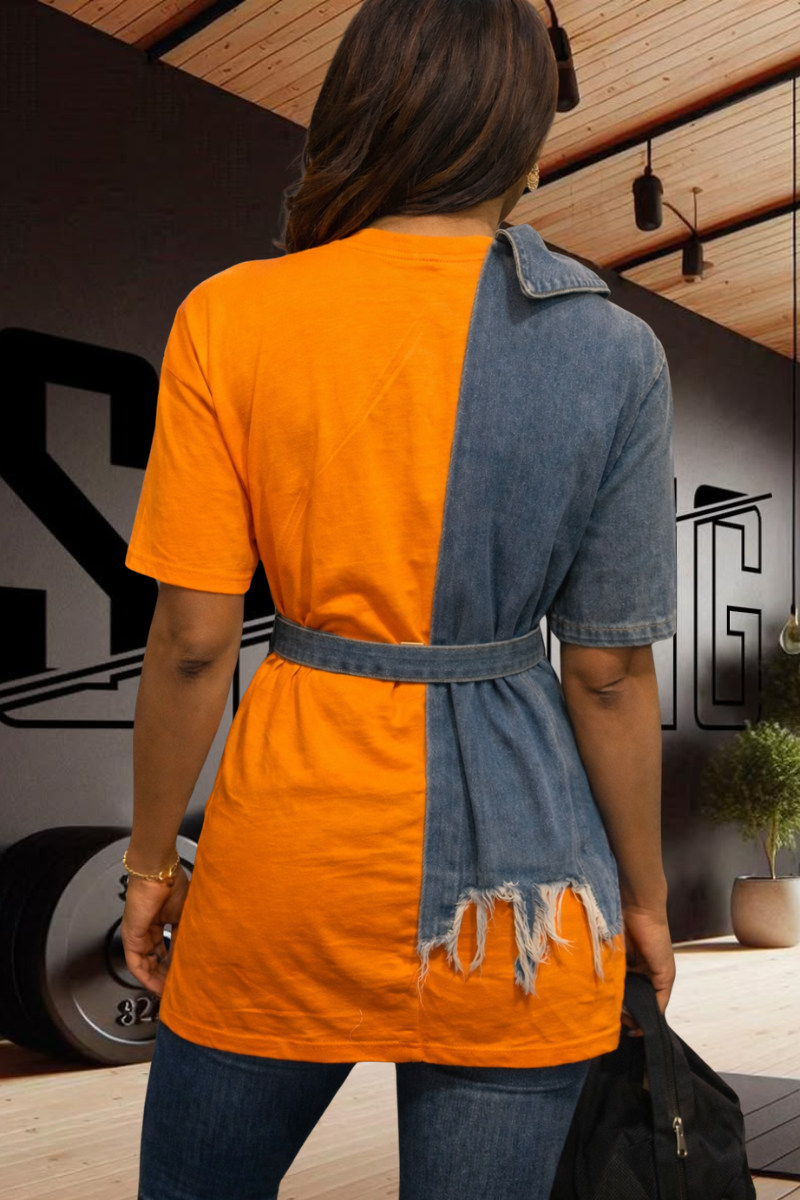 Respect the Drip Denim Split Tee-Orange