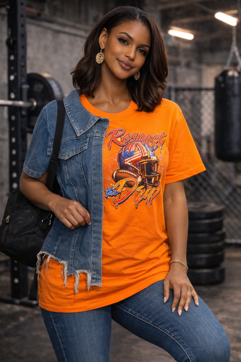 Respect the Drip Denim Split Tee-Orange